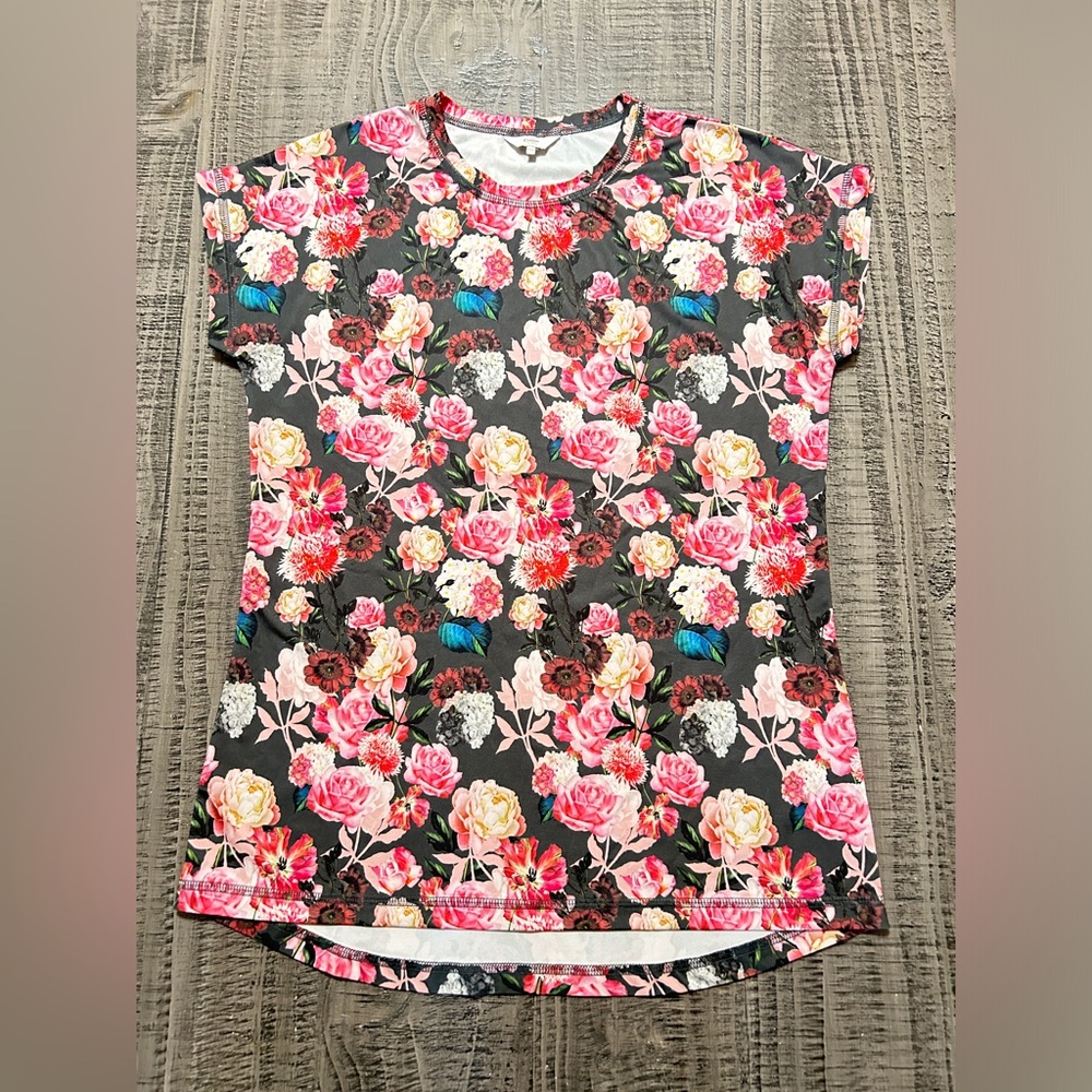 Floral Print Short Sleeve Top - Gray and Pink
